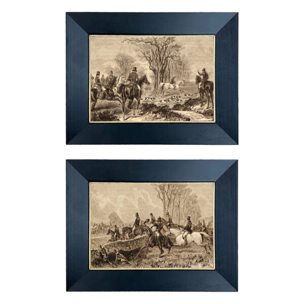 Set of 2 Equestrian Fox Hunt Etching Prints Behind Glass in Black and Gold Wood Frames- 5" x 7" Framed to 7" x 9"