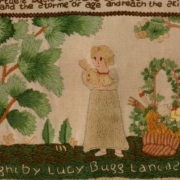Lucy Bugg Antiqued Embroidery Needlepoint Sampler Framed PRINT- Distressed Brown Frame