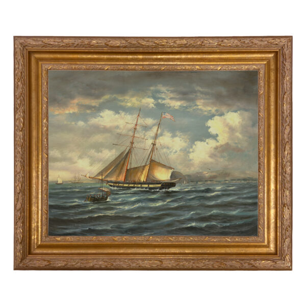 American Privateer Topaz Framed Oil Painting Print on Canvas in Ornate Antiqued Gold Frame. A 16