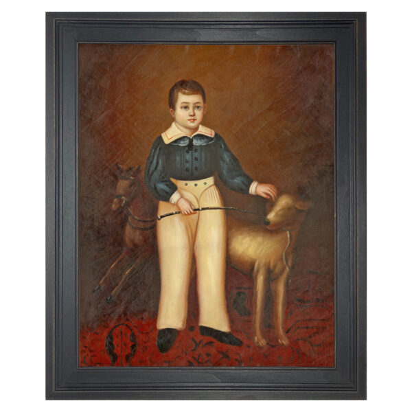 Boy with Dog by Joseph Whiting Stock Framed Oil Painting Print on Canvas in Distressed Black Wood Frame.