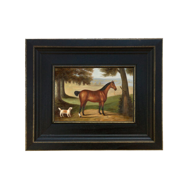 Horse and Dog Landscape Framed Oil Painting Print on Canvas in Distressed Black Wood Frame