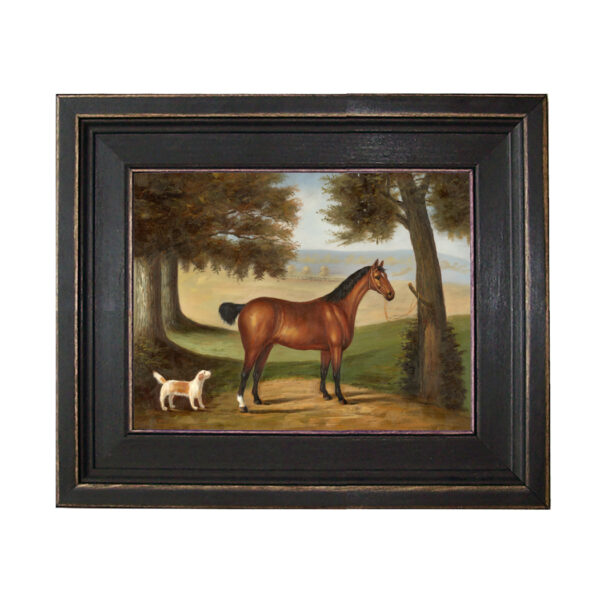 Horse and Dog Landscape Framed Oil Painting Print on Canvas in Distressed Black Wood Frame