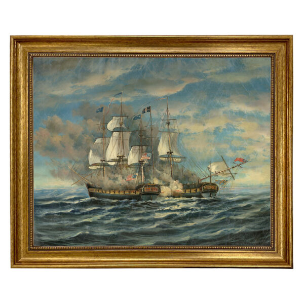 Framed Wall Art Early American Battle Between USS Constitution and HMS Guerriere Framed Oil Painting Print on Canvas in Antiqued Gold Frame.