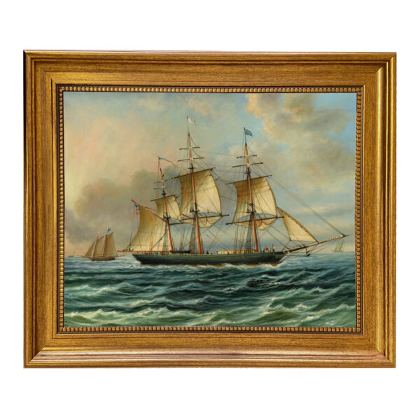 Baltimore Clipper Architect Framed Oil Painting Print on Canvas in Antiqued Gold Frame.