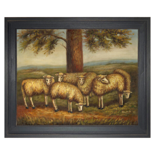 Flock of Six Sheep in a Meadow Framed Oil Painting Print on Canvas in Distressed Black Wood Frame.