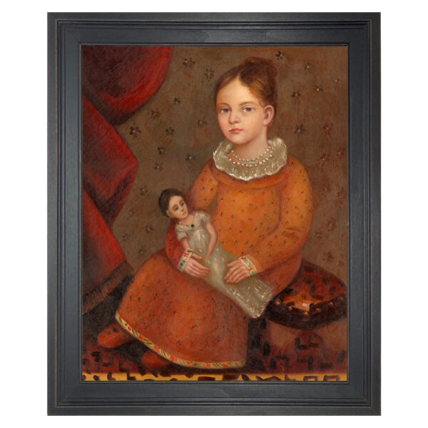 Girl with Doll Framed Oil Painting Print on Canvas in Distressed Black Wood Frame.