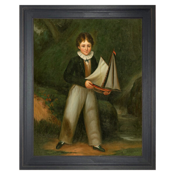 Young Boy Holding Pond Boat, Framed Oil Painting Print on Canvas in Distressed Black Wood Frame.