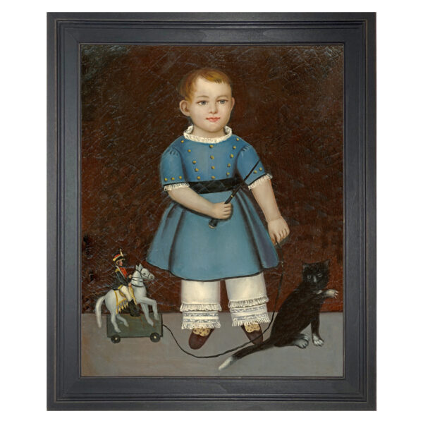 Boy with Toy Soldier Painting Reproduction Print on Canvas in Distressed Black Solid Wood Frame.