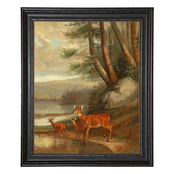 Doe with Two Fawns Framed Oil Painting Print on Canvas in Distressed Black Frame with Bead Accent. A 23-1/2