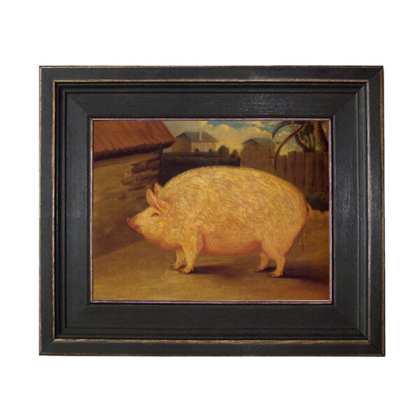 Prize Sow Pig (c. 1840) Framed Oil Painting Print on Canvas in Distressed Black Wood Frame