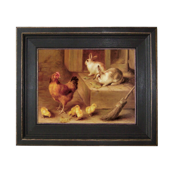 Rabbits and Chickens (c. 1900) Framed Oil Painting Print on Canvas in Distressed Black Wood Frame
