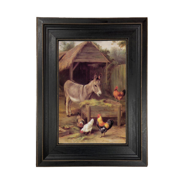 Donkey and Chickens Framed Oil Painting Print on Canvas in Distressed Black Wood Frame. A 7" x 10" Framed to 10-1/2" x 13-1/2"