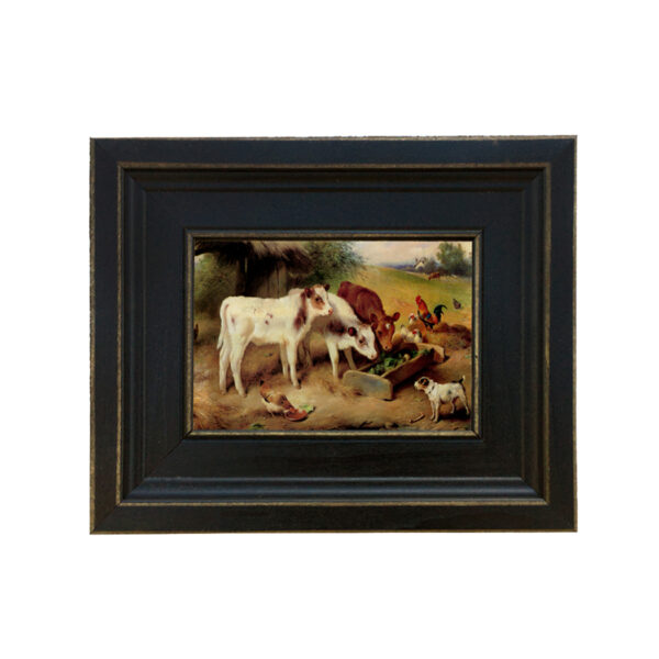 Cows and Chickens Framed Oil Painting Print on Canvas in Distressed Black Wood Frame