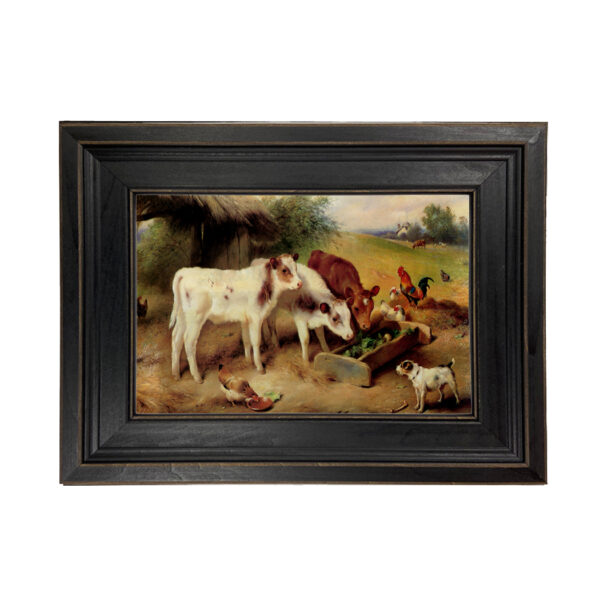 Cows and Chickens Framed Oil Painting Print on Canvas in Distressed Black Wood Frame