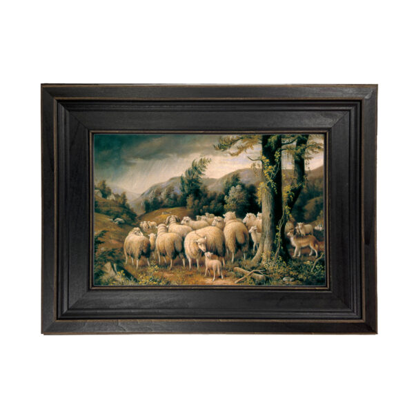 Sheep in a Storm Framed Oil Painting Print on Canvas in Distressed Black Wood Frame