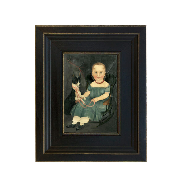 Girl on Rocker with Dog Framed Oil Painting Print on Canvas in Distressed Black Wood Frame