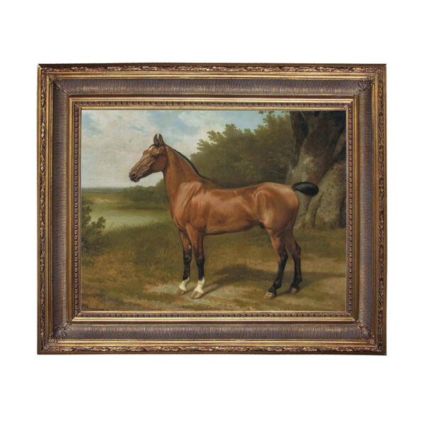 Horse in Landscape Framed Oil Painting Print on Canvas in Antiqued Gold Frame. A 16 x 20" framed to 22-1/4 x 26-1/4".