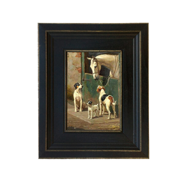 Dog and Horse at Stable Framed Oil Painting Print on Canvas in Distressed Black Wood Frame