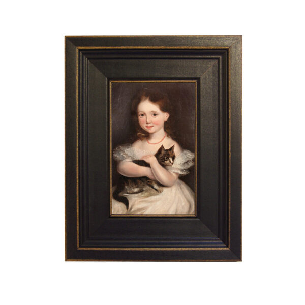 Girl with Cat Framed Oil Painting Print on Canvas in Distressed Black Wood Frame