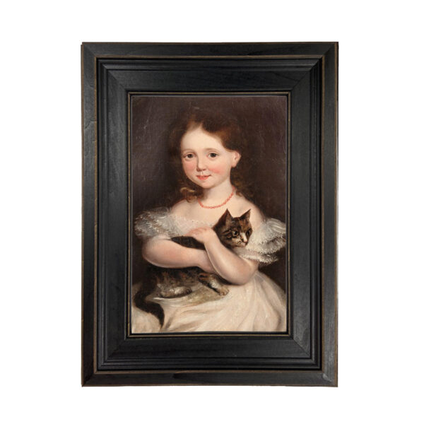 Girl with Cat Framed Oil Painting Print on Canvas in Distressed Black Wood Frame