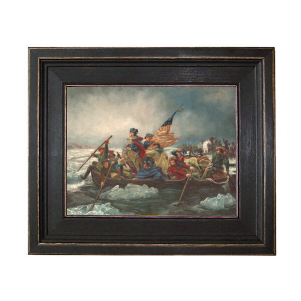 George Washington Crossing Delaware Framed Oil Painting Print on Canvas in Distressed Black Wood Frame