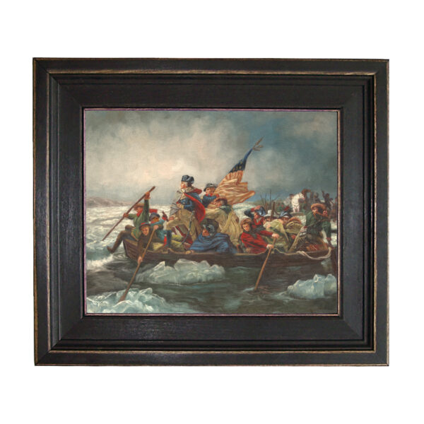 George Washington Crossing Delaware Framed Oil Painting Print on Canvas in Distressed Black Wood Frame