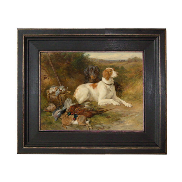 Hunting Dogs Framed Oil Painting Print on Canvas in Distressed Black Wood Frame
