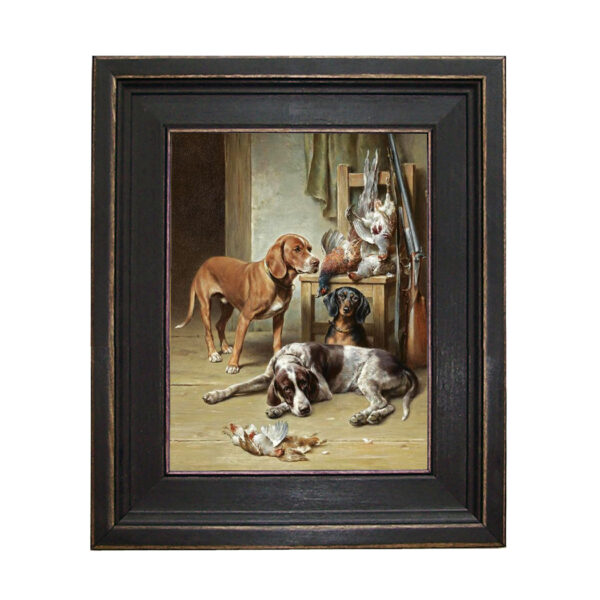 Hounds and Game Framed Oil Painting Print on Canvas in Distressed Black Wood Frame