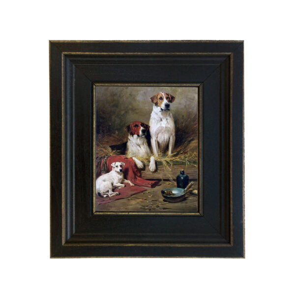 Three Hounds Framed Oil Painting Print on Canvas in Distressed Black Wood Frame