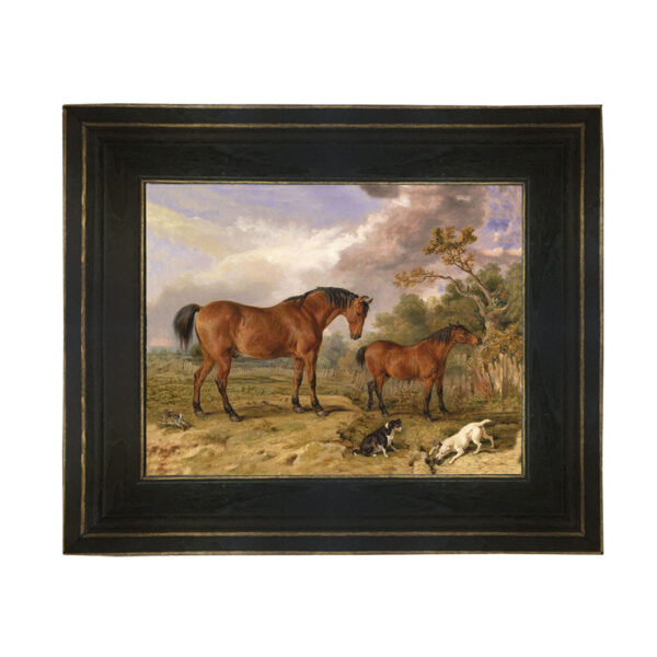 Two Horses with Dogs and Rabbit Framed Oil Painting Print on Canvas in Distressed Black Wood Frame
