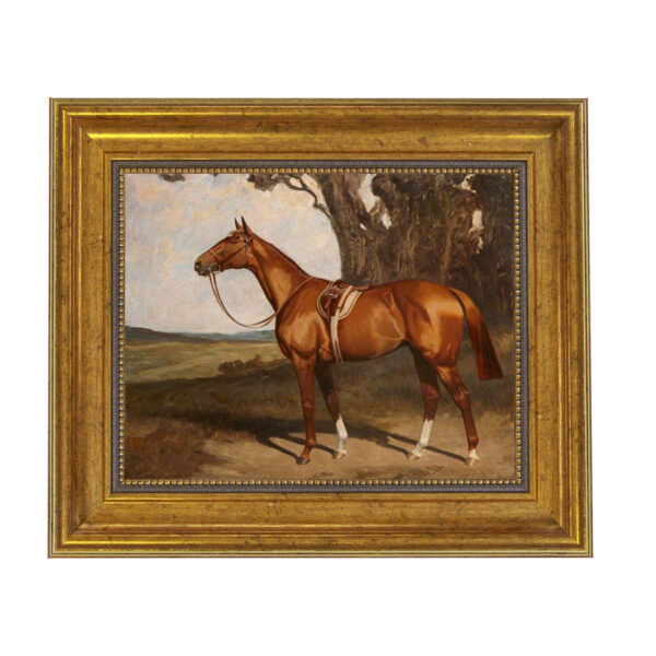 Saddled Chestnut Race Horse by Lynwood Palmer Framed Oil Painting Print on Canvas in Antiqued Gold Frame. An 8 x 10