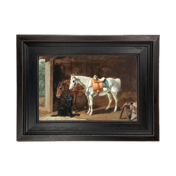 Labrador and Horses Framed Oil Painting Print on Canvas in Distressed Black Wood Frame
