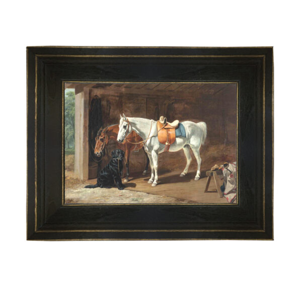 Labrador and Horses Framed Oil Painting Print on Canvas in Distressed Black Wood Frame