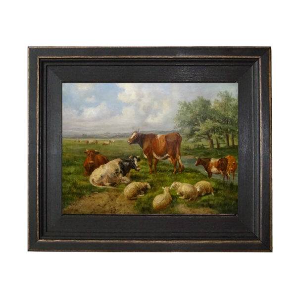Sheep and Cows Framed Oil Painting Print on Canvas in Distressed Black Wood Frame