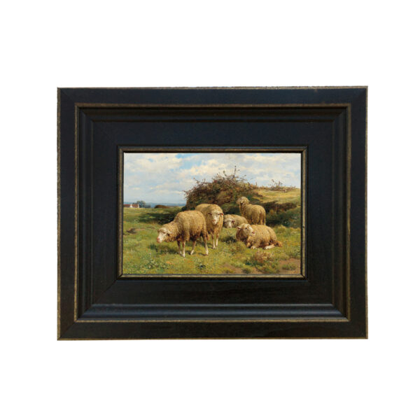 Sheep in Country Field Framed Oil Painting Print on Canvas in Distressed Black Wood Frame