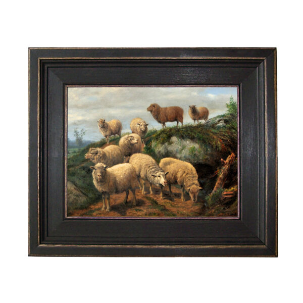 Flock of Sheep on Path Framed Oil Painting Print on Canvas in Distressed Black Wood Frame