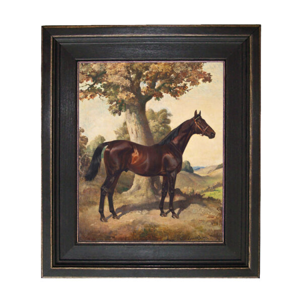 Dark Chestnut Horse Ethelbruce by Lynwood Palmer Framed Oil Painting Print on Canvas in Distressed Black Wood Frame. An 11" x 14" Framed to 14-1/2" x 17-1/2"