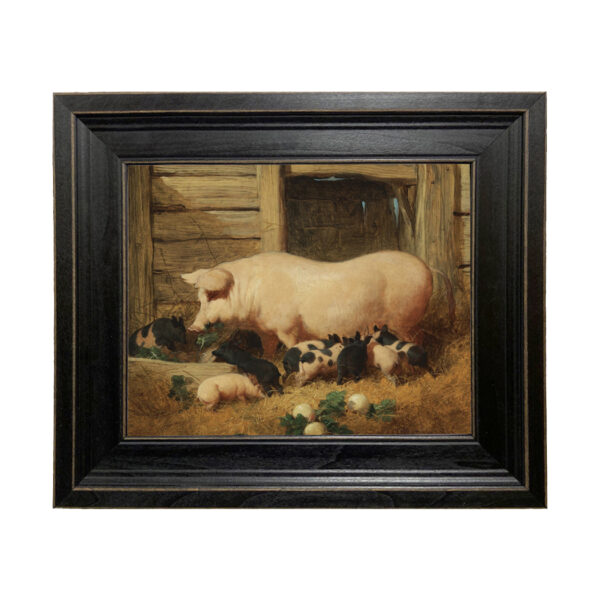 Sow with Piglets Framed Oil Painting Print on Canvas in Distressed Black Solid Wood Frame- An 8" x 10" Framed to 11-1/2" x 13-1/2"