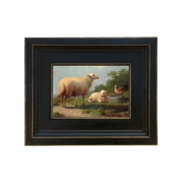 Sheep in a Meadow by Eugene Verboeckhoven Framed Oil Painting Print on Canvas in Distressed Black Wood Frame