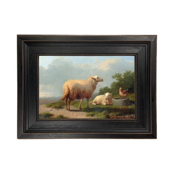 Sheep in a Meadow by Eugene Verboeckhoven Framed Oil Painting Print on Canvas in Distressed Black Wood Frame