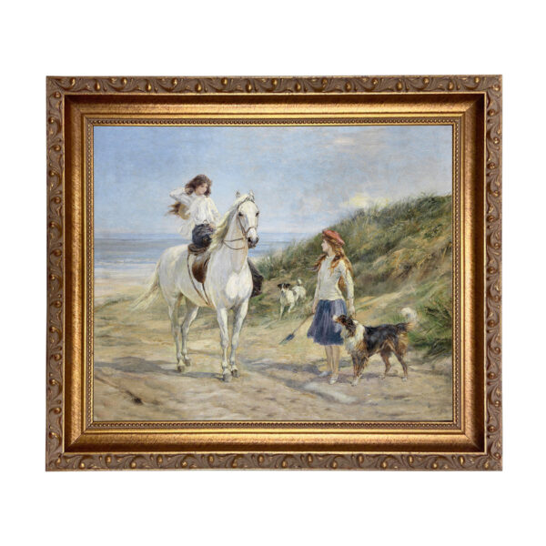Holiday Time Heywood Hardy Girls on the Beach with Horse and Dog Framed Oil Painting Print on Canvas in Thin Gold Frame. A 8" x 10" Framed to 10" x 12".
