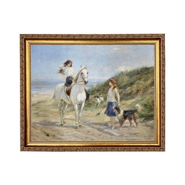 Holiday Time Heywood Hardy Girls on the Beach with Horse and Dog Framed Oil Painting Print on Canvas in Thin Gold Frame. An 11" x 14" Framed to 13" x 16"