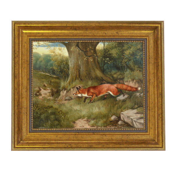 Fox Hunting Rabbits by J.A. Wheeler Framed Oil Painting Print on Canvas in Antiqued Gold Frame