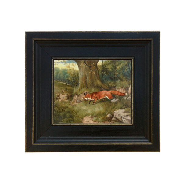 Fox Hunting Rabbits by J.A. Wheeler Framed Oil Painting Print on Canvas in Distressed Black Wood Frame