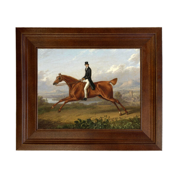 Gentleman on a Galloping Chestnut Horse Oil Painting Print on Canvas in Distressed Brown Frame. 8" x 10" framed to 11-1/2" x 13-1/2"