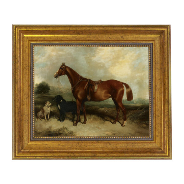 Chestnut Horse with Two Dogs Oil Painting Print on Canvas in Antiqued Gold Frame