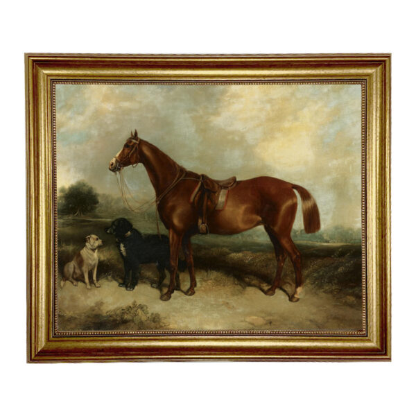 Chestnut Horse with Two Dogs Oil Painting Print on Canvas in Antiqued Gold Frame