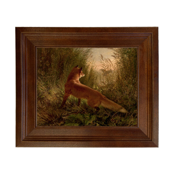 Fox Flushing Ducks Framed Oil Painting Print on Canvas in Distressed Brown Frame