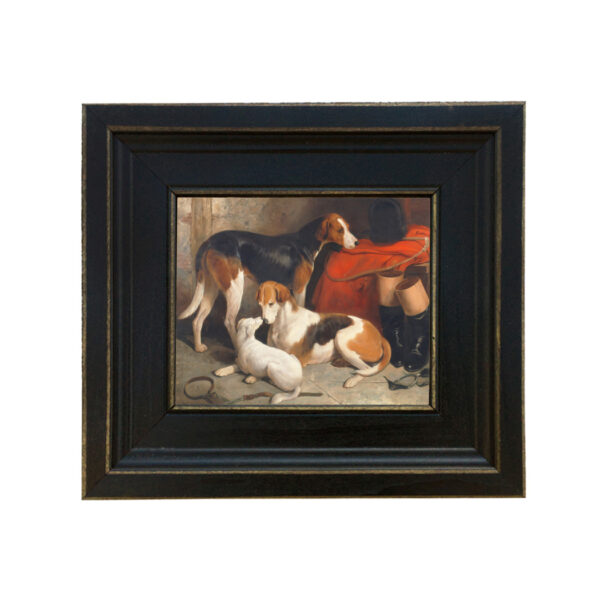 A Couple of Foxhounds with a Terrier, the Property of Lord Henry Bentinck by William Barraud Framed Oil Painting Print on Canvas in Distressed Black Wood Frame