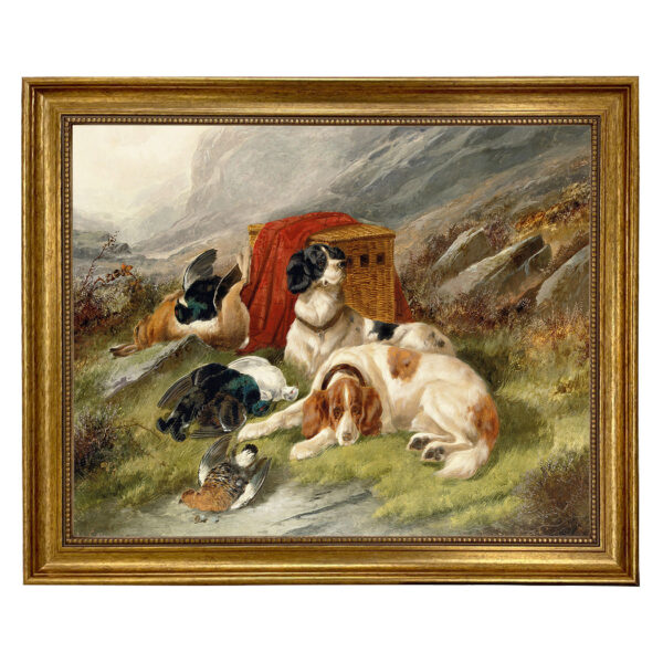 Guarding the Day's Bag by John Gifford Hunting Dogs Framed Oil Painting Print on Canvas in Antiqued Gold Frame.